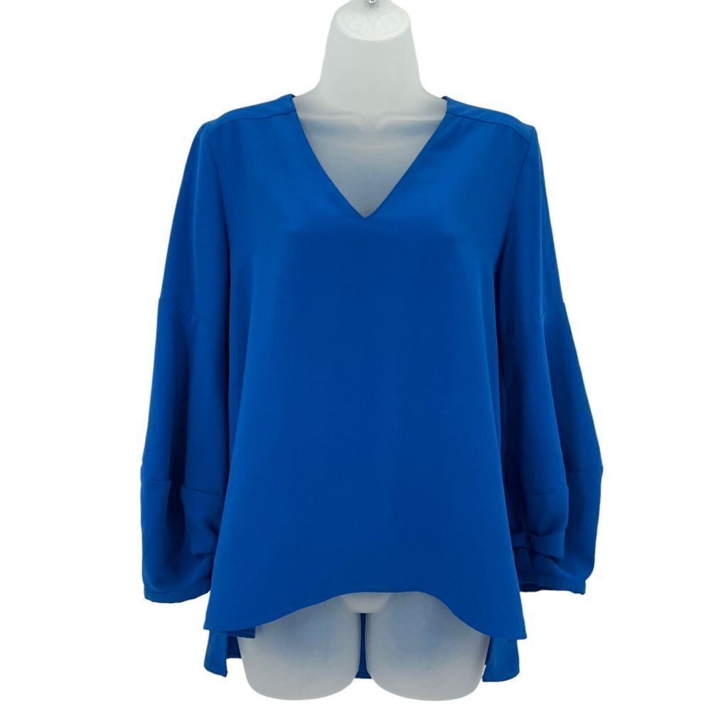 Amanda Uprichard  Millan Top Women Medium Blue Crepe Long Sleeve V-Neck Blouse